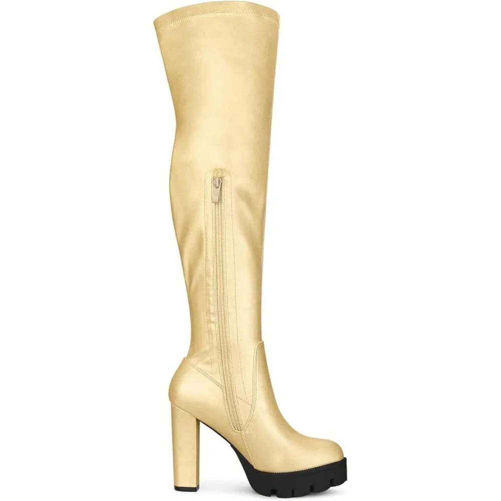 Women's Gold Platform Boots Chunky Heel Over Knee High Rounded Toe Long Boots